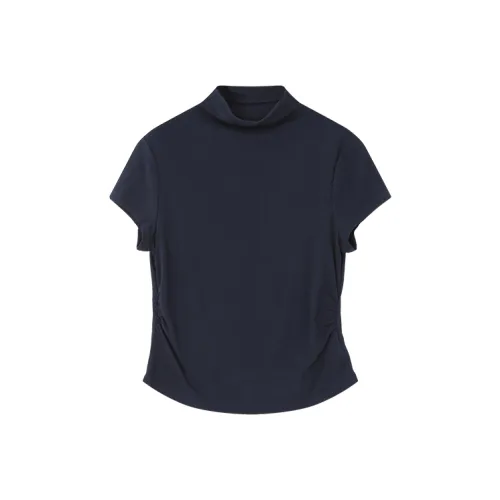 MOHANYIMEI Темно-синий Синий с утяжкой на талии Плиссированные Женские T-рубашки