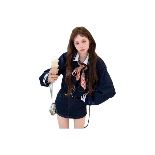 OURUOKE Темно-синий женский комплект с юбкой