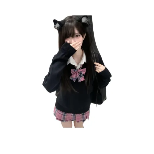 OURUOKE Черный Свитер + Длинный рукав + Галстуки-бабочки + Юбка с оборками + Женские Комплекты с юбкой