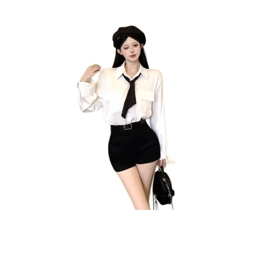 OURUOKE Белая рубашка с лентой + шорты с ремнем женские повседневные костюмы