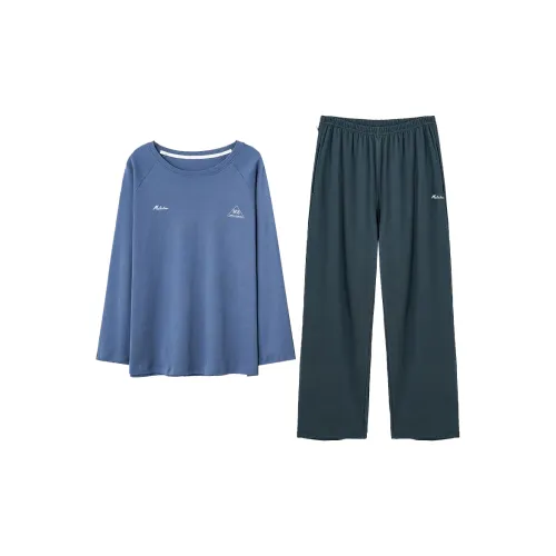 Mulinsen [Длинный рукав Топ+Штаны] Светло-синий Черный мужской Пижамный комплект