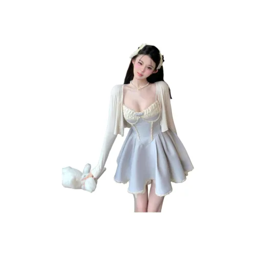 OURUOKE Белый Кардиган + Светло-Синий Платье Женские Комплекты с Юбкой