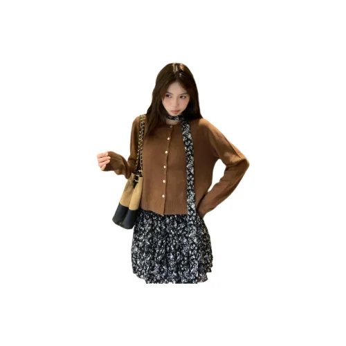 OURUOKE Темный кофейный кардиган + цветочная короткая юбка + пояс женские комплекты с юбкой