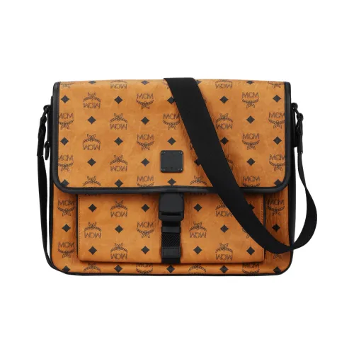MCM Klassik Visetos Коровья кожа Курьерская сумка Сумка через плечо Средний Мужской Коньячный Черный