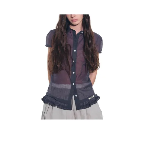 Nick Nicole FW25 FRILL Ожерелье-чокер Прозрачная БЛОУЗА_Темно-синяя Рубашка Женская