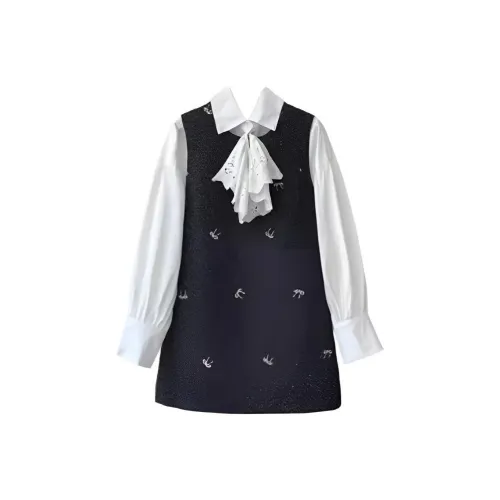 OURUOKE Белый воротник галстук-бабочка рубашка + черный бант жилет юбка двухкомпонентный комплект женские юбочные костюмы