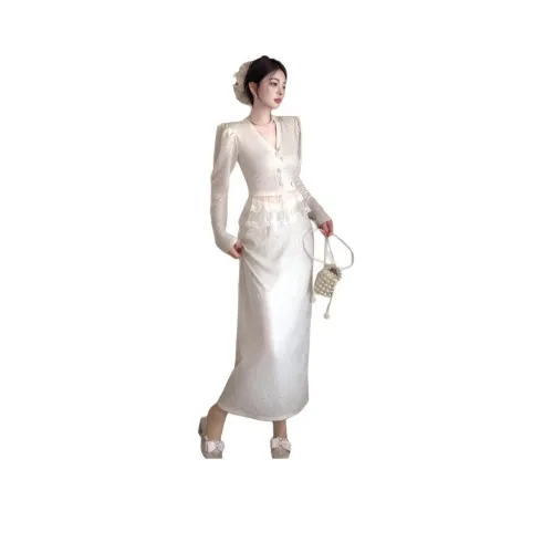 OURUOKE Абрикосовый топ + Абрикосовая длинная юбка Женские комплекты с юбкой