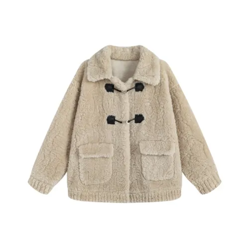 PZGE Кремовый Абрикос Овечья Шерсть Пальто Женское Меховое