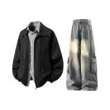 Чёрное пальто + синие джинсы