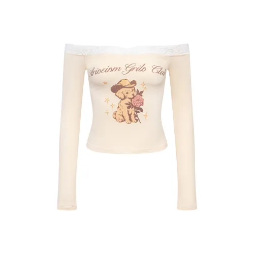 Ariseism Стандартный Кружевная отделка Off The Плечо Длинный рукав Т-рубашка для Женщин Осенний Облегающий крой Топ для Женщин