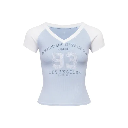 Ariseism V-образный вырез реглан с цветовыми блоками короткий рукав футболки для женщин летний облегающий крой топ для женщин