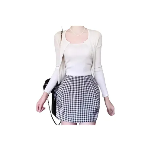 OURUOKE Белый топ + Белый топ на бретелях + Клетчатая юбка Женские комплекты с юбкой