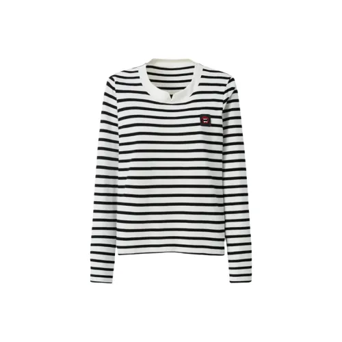 LUYOUYE Белая подкладочная ткань Черные полосы Длинный рукав Женская футболка