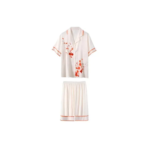 Devanro Сливовый цветок Белая укороченная рубашка с короткими рукавами и шорты Женские комплекты пижам