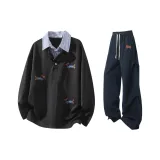 Чёрный топ + тёмно-синие штаны