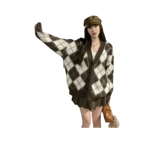 AHRTB Кофейный Ромб Узор Свитер Женский Трикотаж