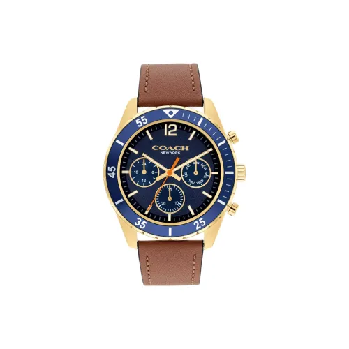 COACH Наручные часы Кварцевый механизм Кожаный ремешок 44 мм Синий циферблат Мужские часы