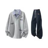 Светло-серый топ + темно-синие штаны