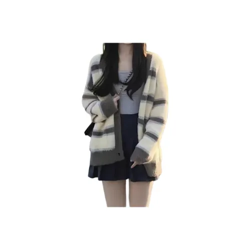 AHRTB Одиночная упаковка Цвет сливово-зеленый Полосы Кардиган Женская Трикотаж