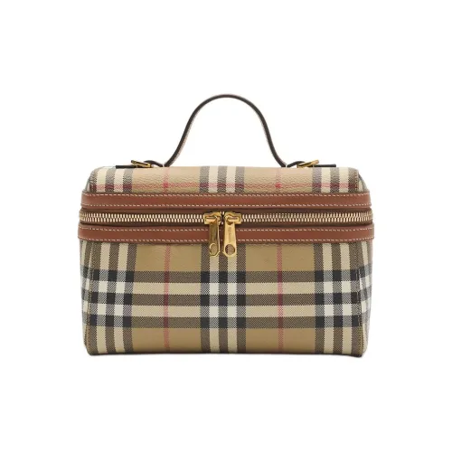 Burberry Check Vanity Bag​ Leather Top Handle Detachable, Adjustable Leather Strap Two-way Zip Closure