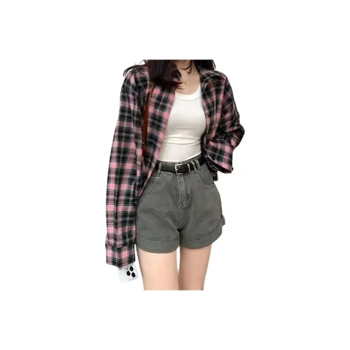 TLONELY1 Черный Розовый Клетка Женская Рубашка