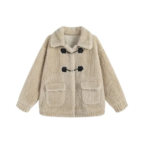 HeartyBite Кремовый Абрикос Овечья Шерсть Пальто Женские Пуховики (Пуховики)