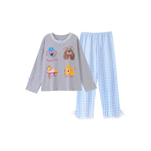 Qian Rise Синий Клетка Мультяшный Женский Пижамный Комплект