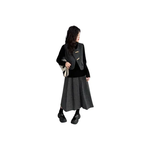 Guldoeleph Темно-серый Трехкомпонентный Набор Школьный возраст Комплекты с Юбкой