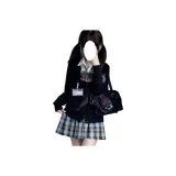 Dreamy Клетчатая Юбка + Черный Кардиган + Галстук-бабочка