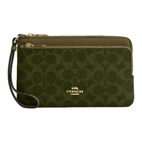 COACH Double Zip Wallet Покрытый холст с кожаными вставками Клатч Кошелек Женские Оливково-зеленый