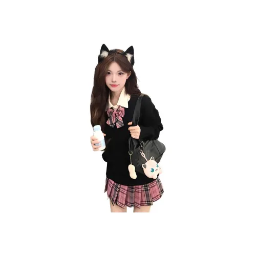 OURUOKE Черный Свитер + Длинная Рубашка с Длинными Рукавами + Галстуки-бабочки + Мини Юбка для Девочек + Женские Юбочные Комплекты