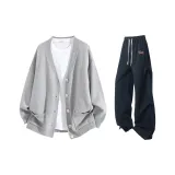 Светло-серый топ + темно-синие штаны