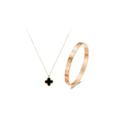 Черный кулон в виде четырехлистного клевера + браслет