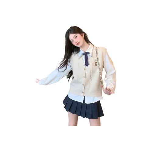 OURUOKE Молочно-чайный Жилет + Рубашка + Юбка с оборками Женские Комплекты с юбкой