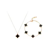 Черный набор: ожерелье с подвеской в виде четырехлистного клевера и браслет