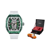 Зеленый чехол, черный циферблат, белый резиновый ремешок, модель автомобиля, подарочная коробка (случайная модель автомобиля)