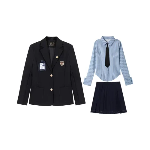 Sato Supun Черный Hagiwara High Бизнес Костюм + Синие Полосы Рубашка + Черная Плиссированная Юбка + Черная Кромка Пояса + Вертикальный Грудной Пад Женская Униформа