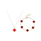 Красный набор: ожерелье с подвеской в виде четырехлистного клевера + браслет