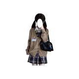 Синяя коричневая юбка в клетку + чайный коричневый кардиган + бабочка