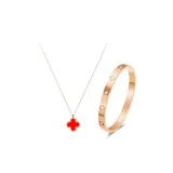 Красный набор ожерелья и браслета с четырехлистным клевером