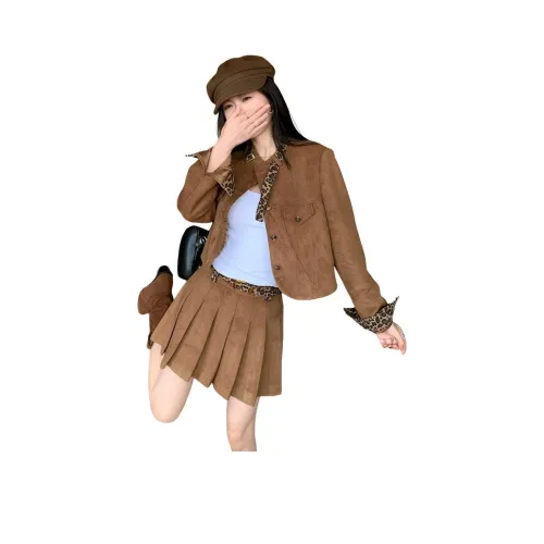 OURUOKE Коричневое пальто + коричневая юбка с ремнем женские комплекты с юбкой