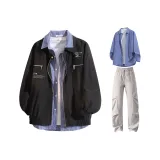 Чёрное пальто + сапфирово-синяя рубашка + светло-серые штаны