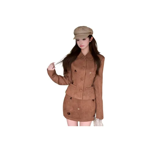 OURUOKE Коричневый Пальто + Короткая Юбка Женские Комплекты с Юбкой