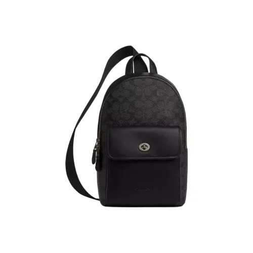 COACH Turnlock Покрытый холст с гладкой телячьей кожей сумка Sling среднего размера унисекс черный