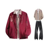 Бургунди пальто + кофейная рубашка в клетку + угольно-черные штаны