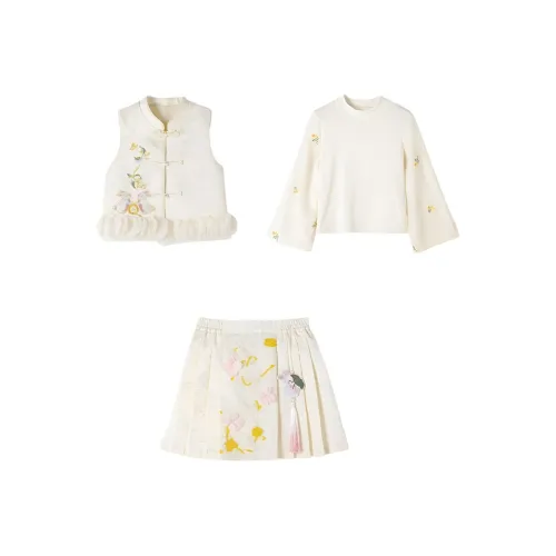 YUANYUAN GIRL Экрю Трёхкомпонентный комплект жилет + рубашка + юбка костюм в стиле тан для детей