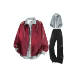 Бургунди куртка + синяя рубашка в клетку + черные штаны