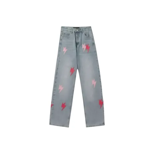 YGHOME OFFICIAL Синий [Розовый Молния] Унисекс Джинсы