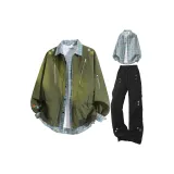 Армейская зеленая куртка + синяя рубашка в клетку + черные штаны