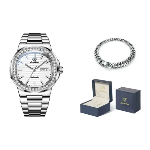 Jin Shi Dun Механический механизм ремешок из нержавеющей стали мужские часы белый циферблат